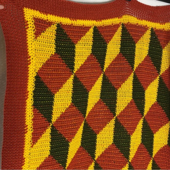 Vintage Handmade Red Yellow Green Geometric Pattern Crochet Afghan Blanket - Picture 9 of 12